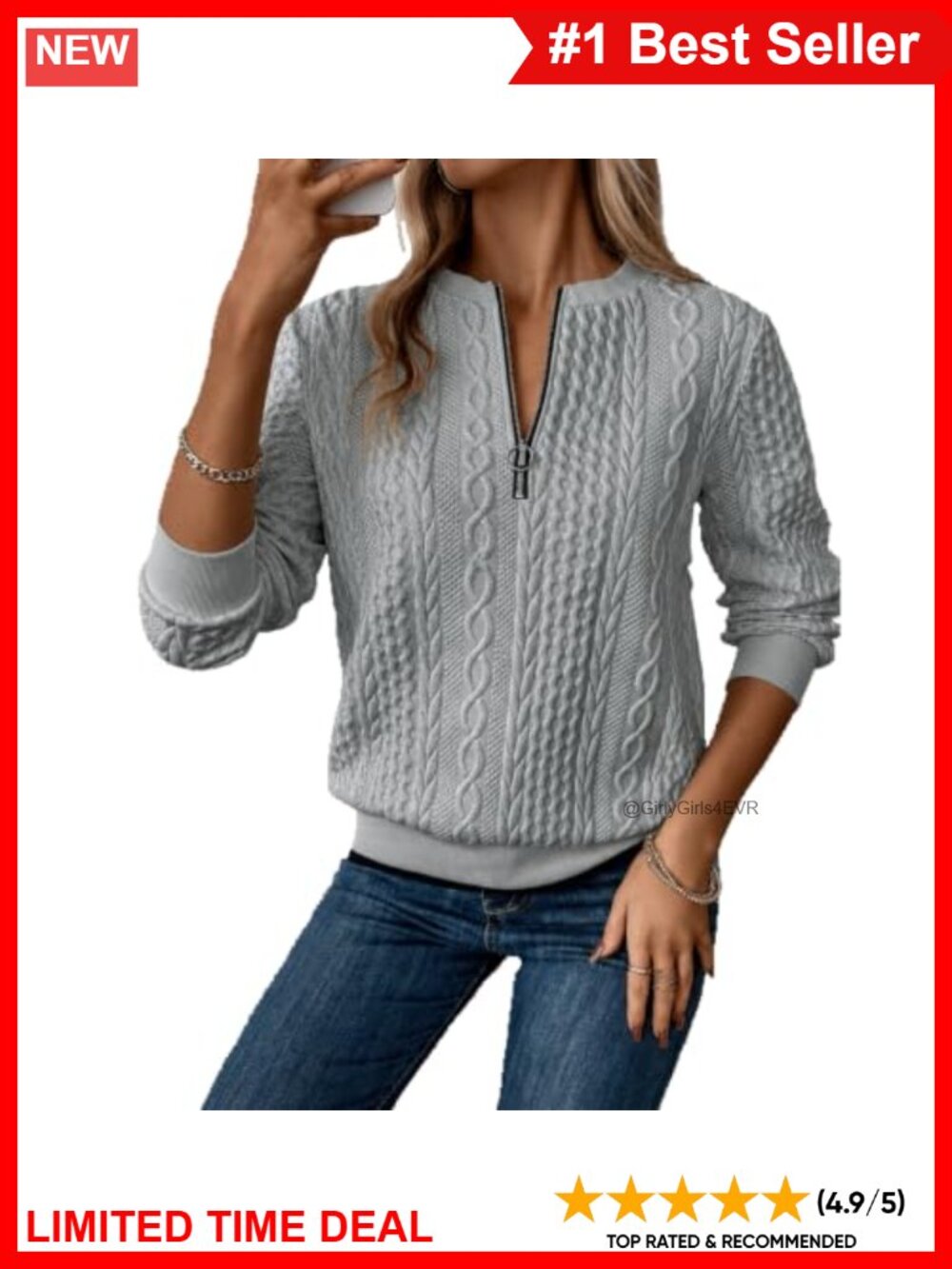 XNC Womens Quarter Zip Long Sleeve Textured Pullover Sweatshirt Top